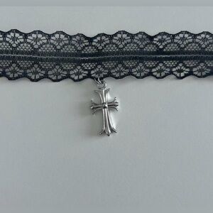 Black Lace Choker with Silver Cross Pendant